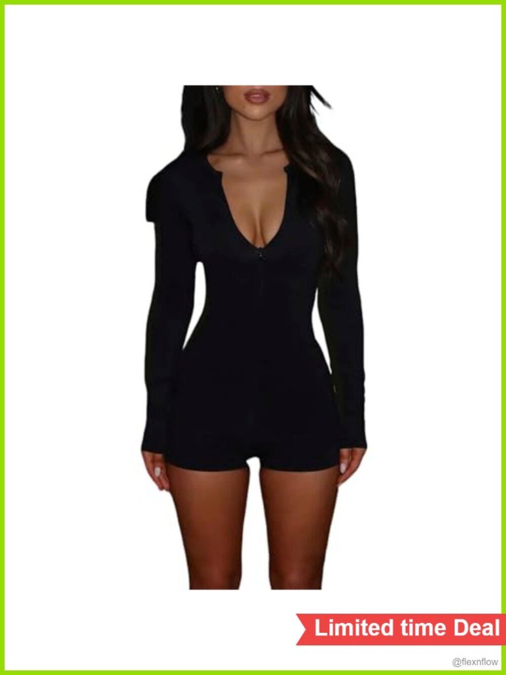 Women Long Sleeve Zip Up V Neck Romper One Piece Shorts Jumpsuit